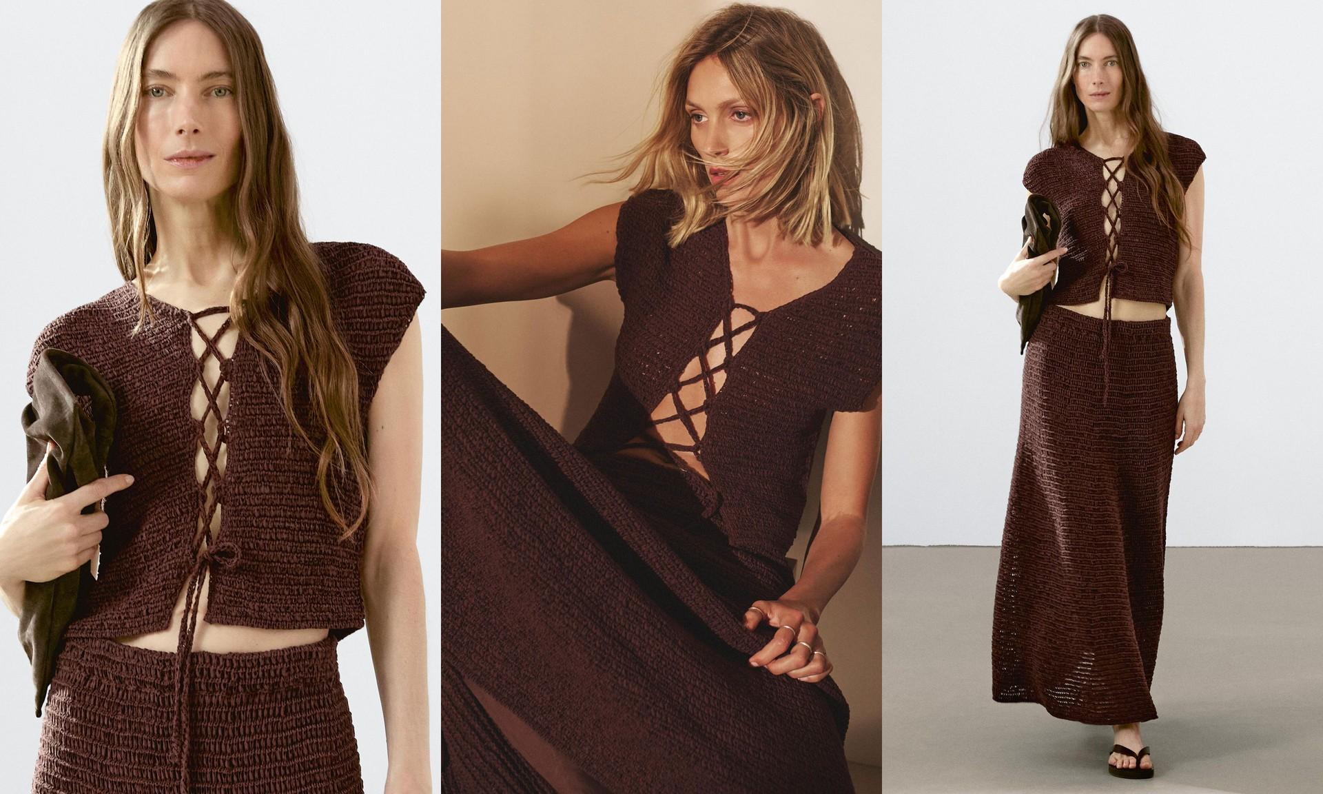 Cotton Blend Crochet Waistcoat With Tie Detail