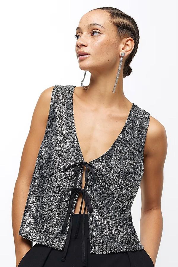 Black Sequin Tie Front Waistcoat from River Island