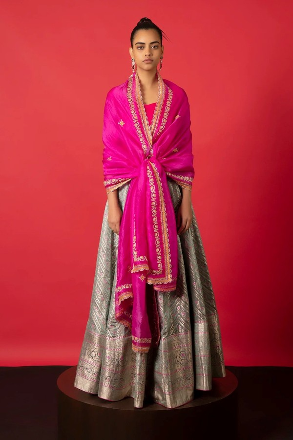 Handwoven Pink & Blue Satin Silk Lehenga from Ekaya
