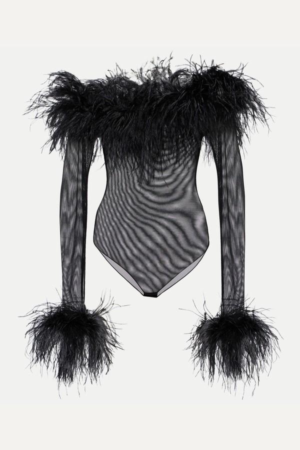 Feather-Trimmed Mesh Bodysuit from Oséree