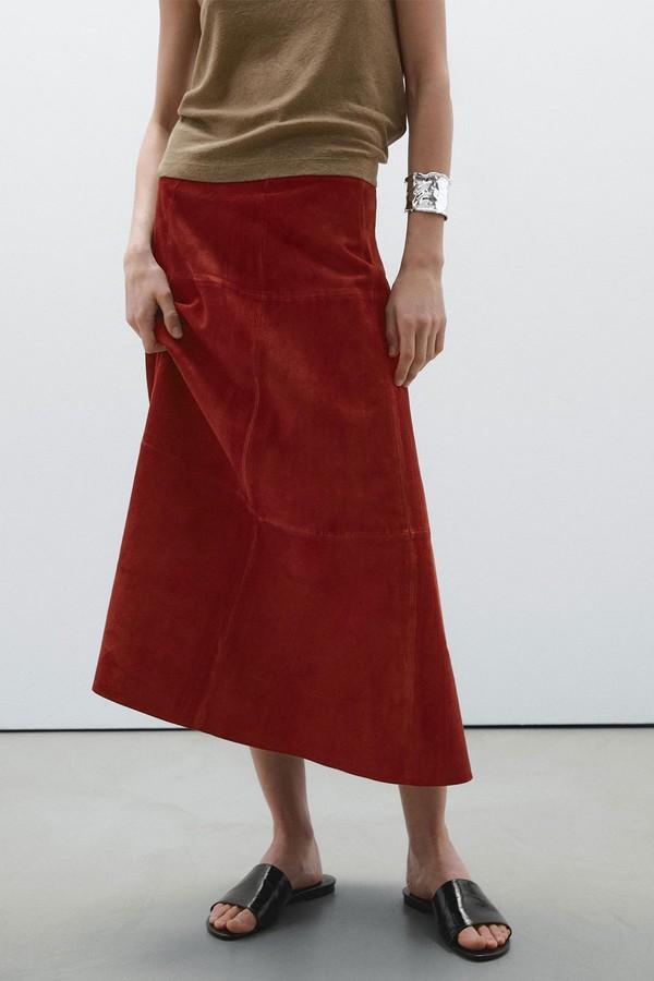 Suede Leather Flared Midi Skirt