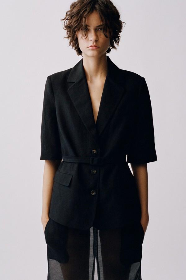 Linen-Blend Suit Jacket With Belt from Mango