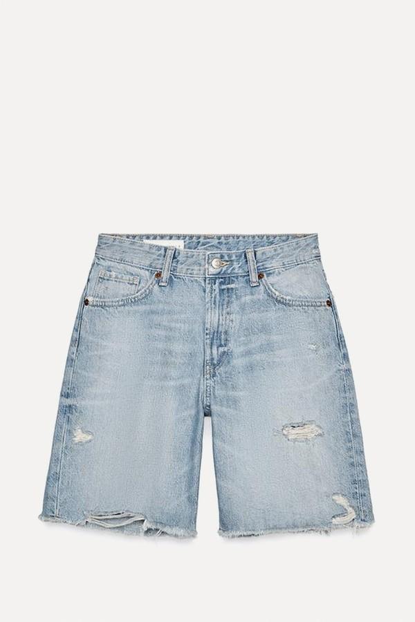 Mid-Waist Ripped Denim Bermuda Shorts from Zara