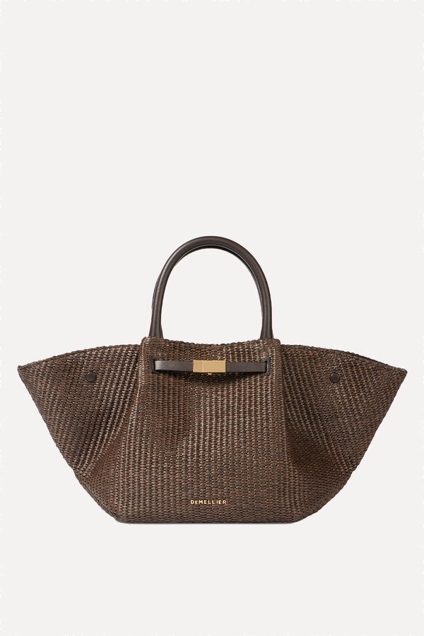 New York Midi Leather-Trimmed Raffia Tote Bag from DeMellier London