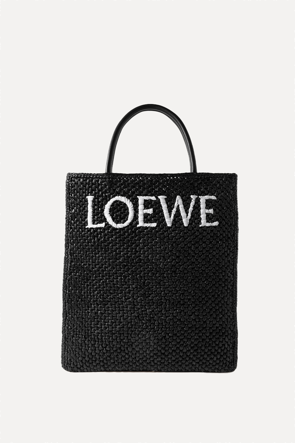 Leather-Trimmed Embroidered Raffia Tote from Loewe