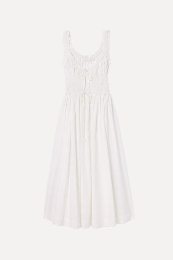 Emmaretta Tie-Detailed Shirred Cotton-Voile Midi Dress from DÔEN