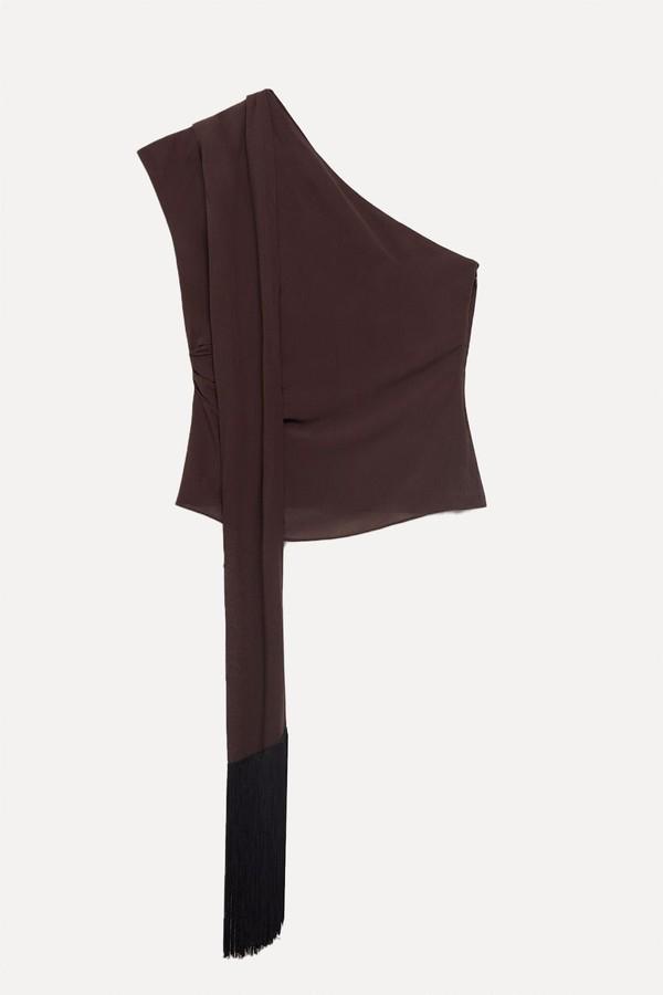 Asymmetrical Scarf Blouse With Fringe Detail