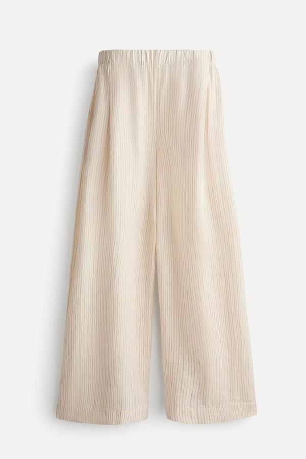 100% Linen Striped Wide-Leg Trousers from Oysho