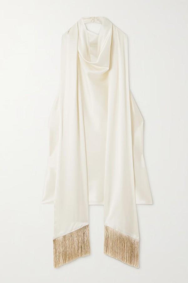 Fringed Scarf-Detailed Draped Satin Halterneck Top from Nina Ricci