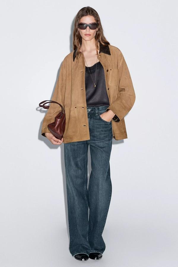 Suede Leather Jacket With Collar Detail from Massimo Dutti