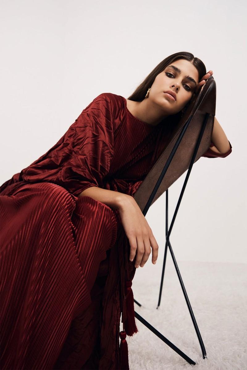 Crinkle Satin Bisht & Sleeveless Pleated Satin Dress from Bazza Alzouman