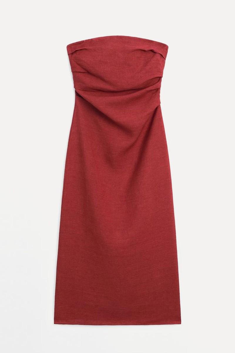 Strapless Linen Midi Dress
