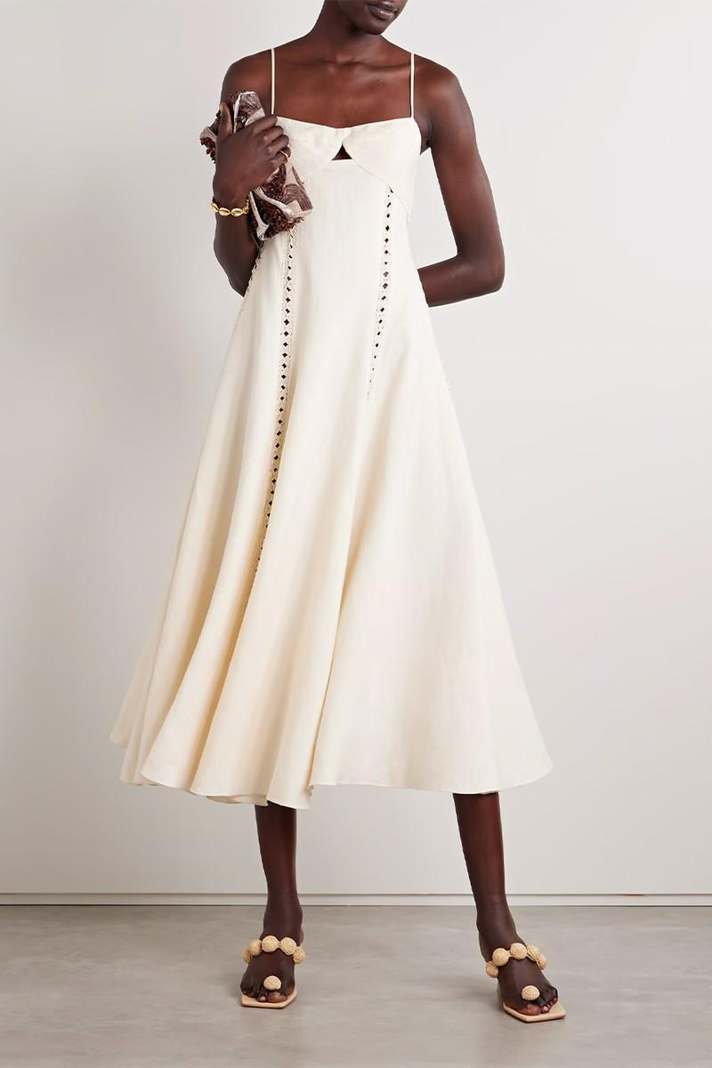 Catamaran Ventures Crochet-Trimmed Embroidered Linen Midi Dress from Johanna Ortiz