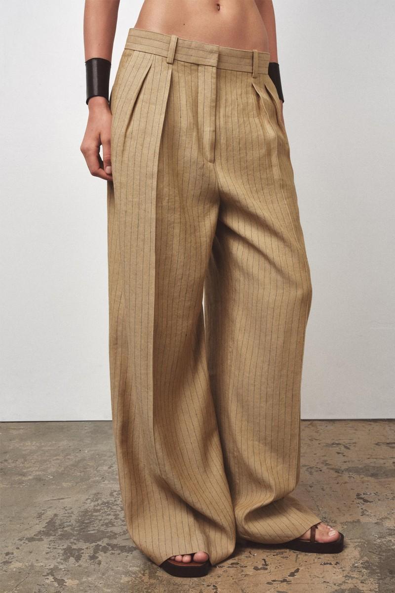 Striped Pleated Linen Blend Trousers