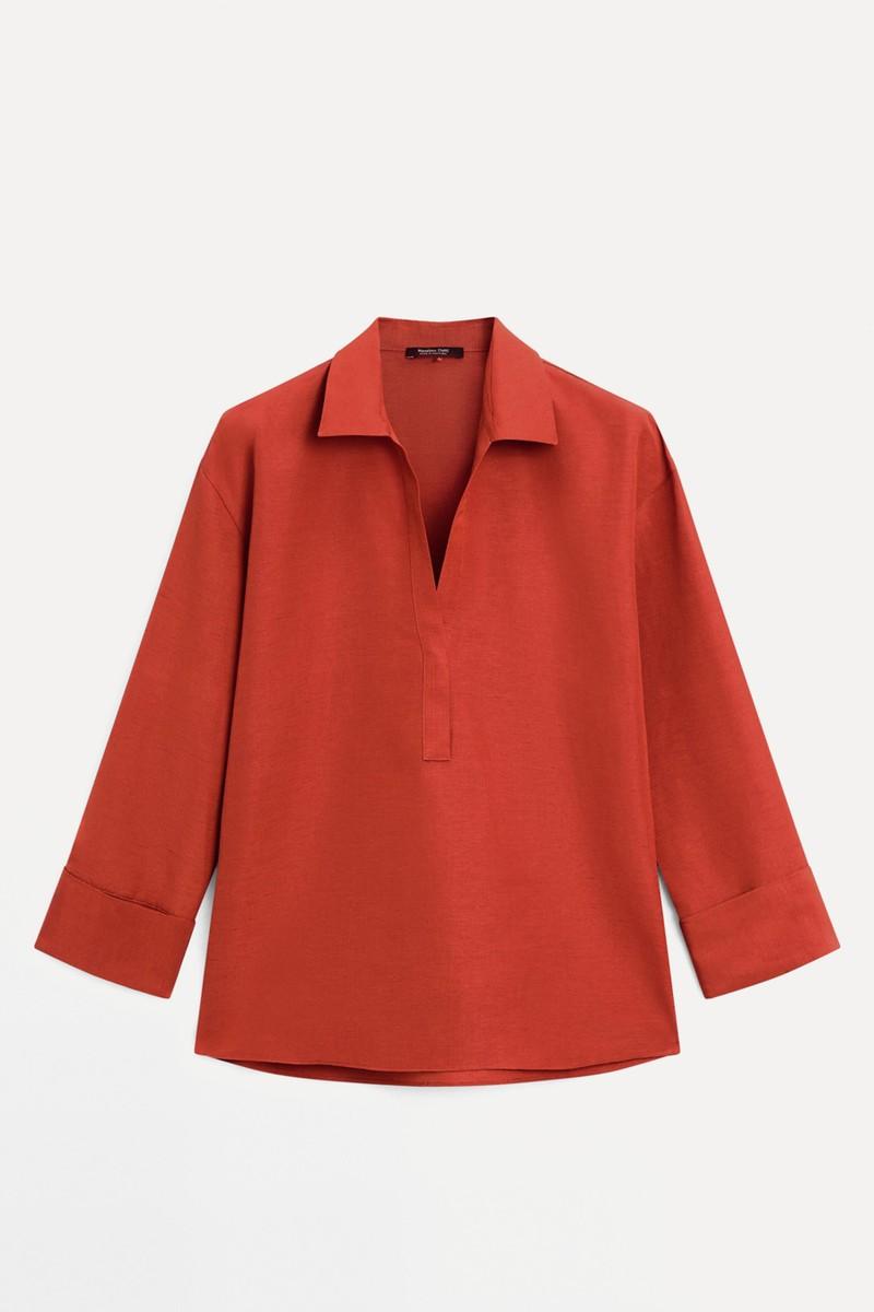 Linen Blend Blouse With Polo Collar