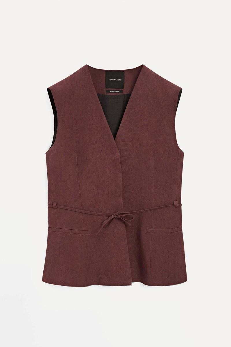 Long 100% Linen Waistcoat With Ribbons