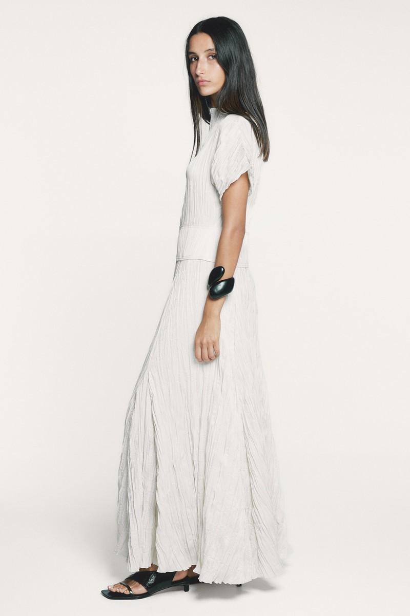 Long Dress With Godets & Pleated Detail from Massimo Dutti