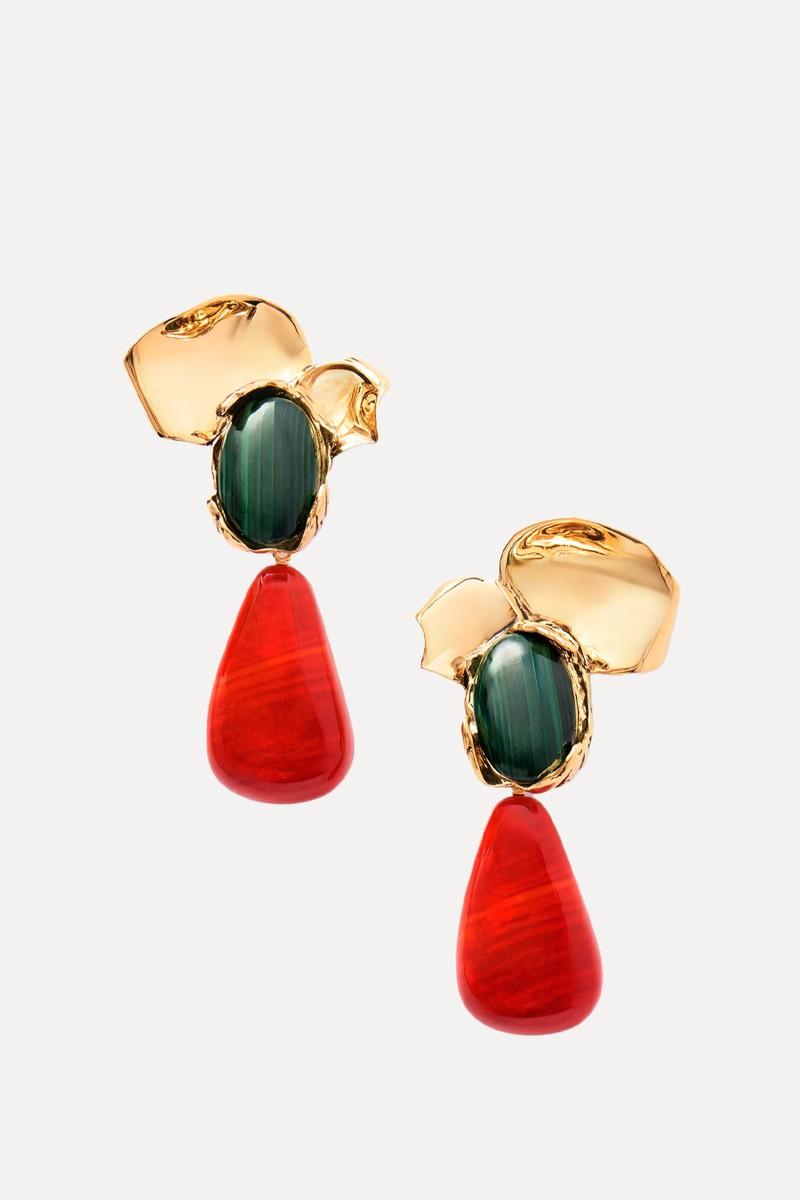 Petal Gold-Tone, Malachite & Resin Clip Earrings from Saint Laurent