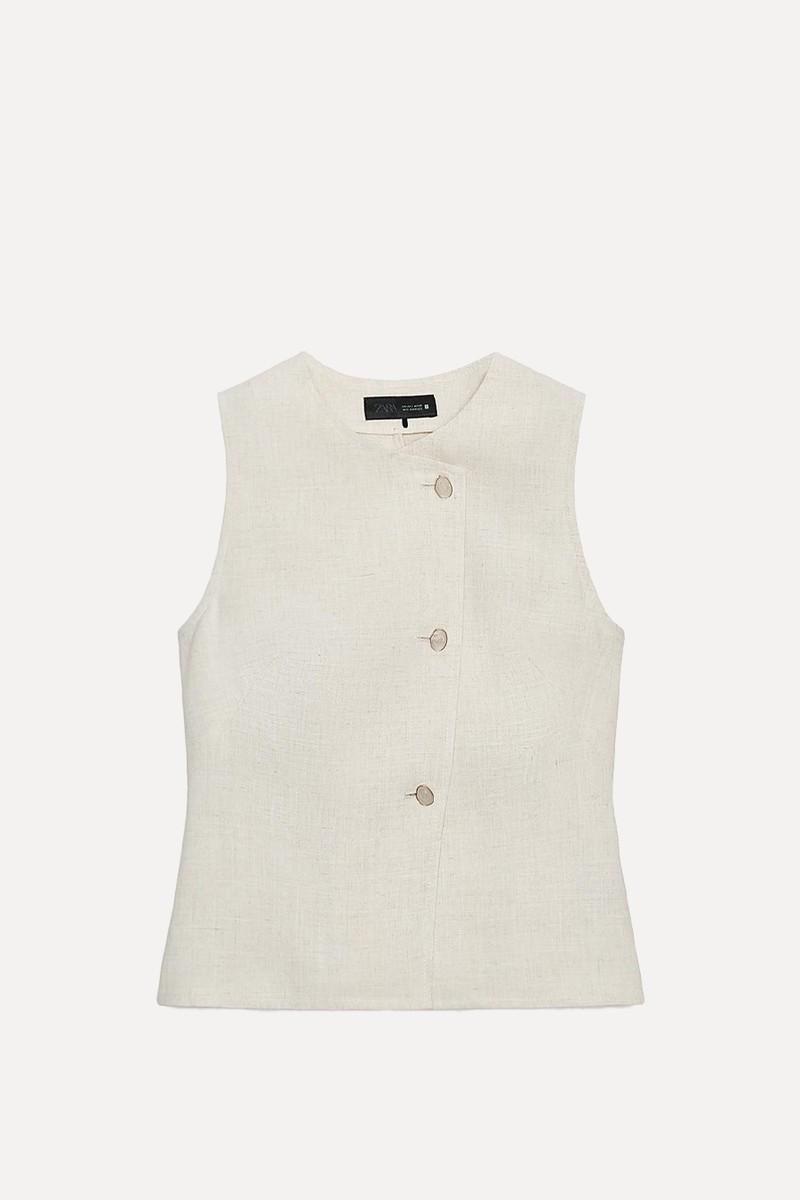 Double Breasted Linen Blend Waistcoat