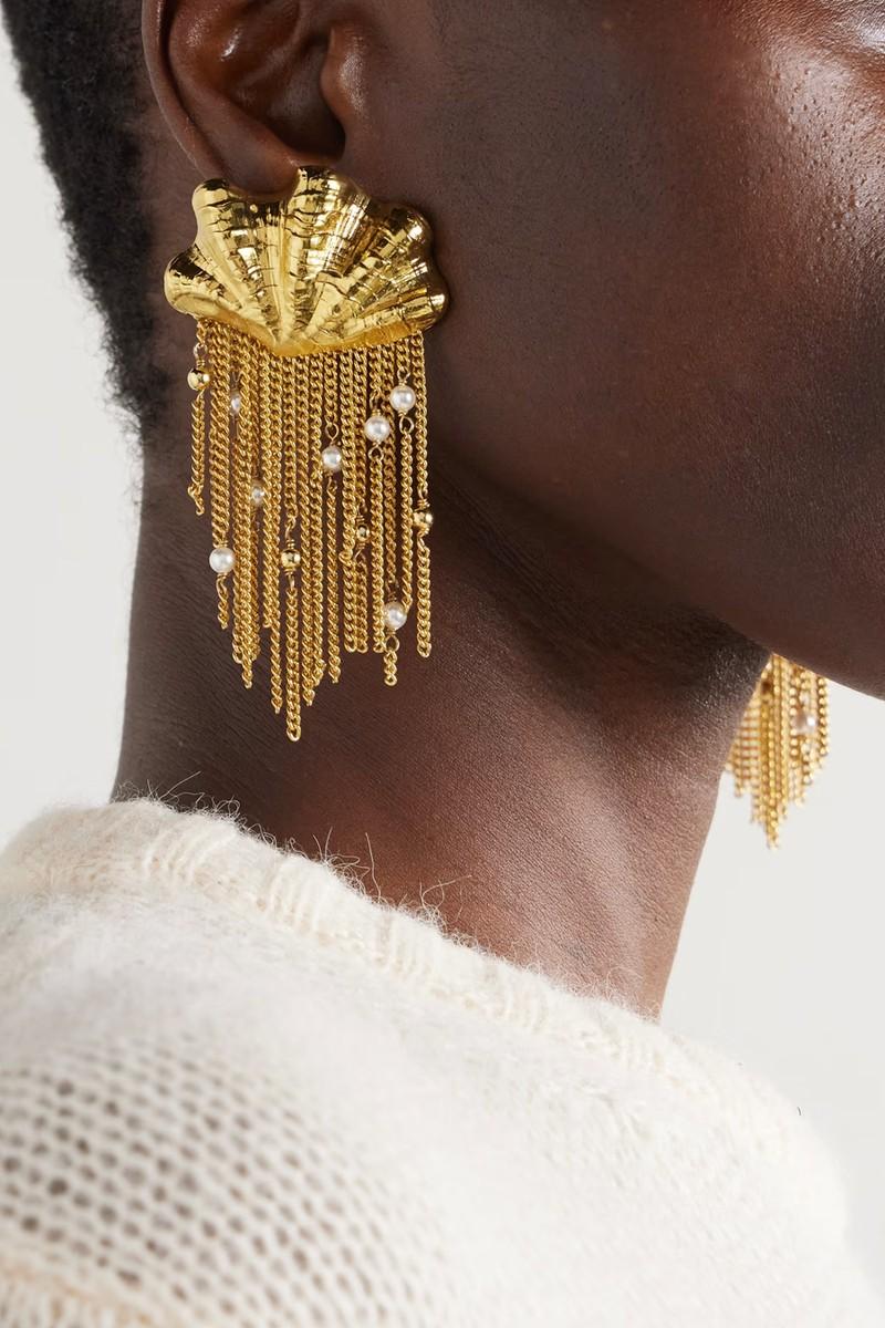 Shells Fringed Gold-Tone Faux Pearl Clip Earrings from Chloé