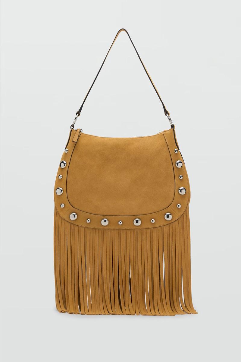 Suede Bag With Fringes & Stud Details