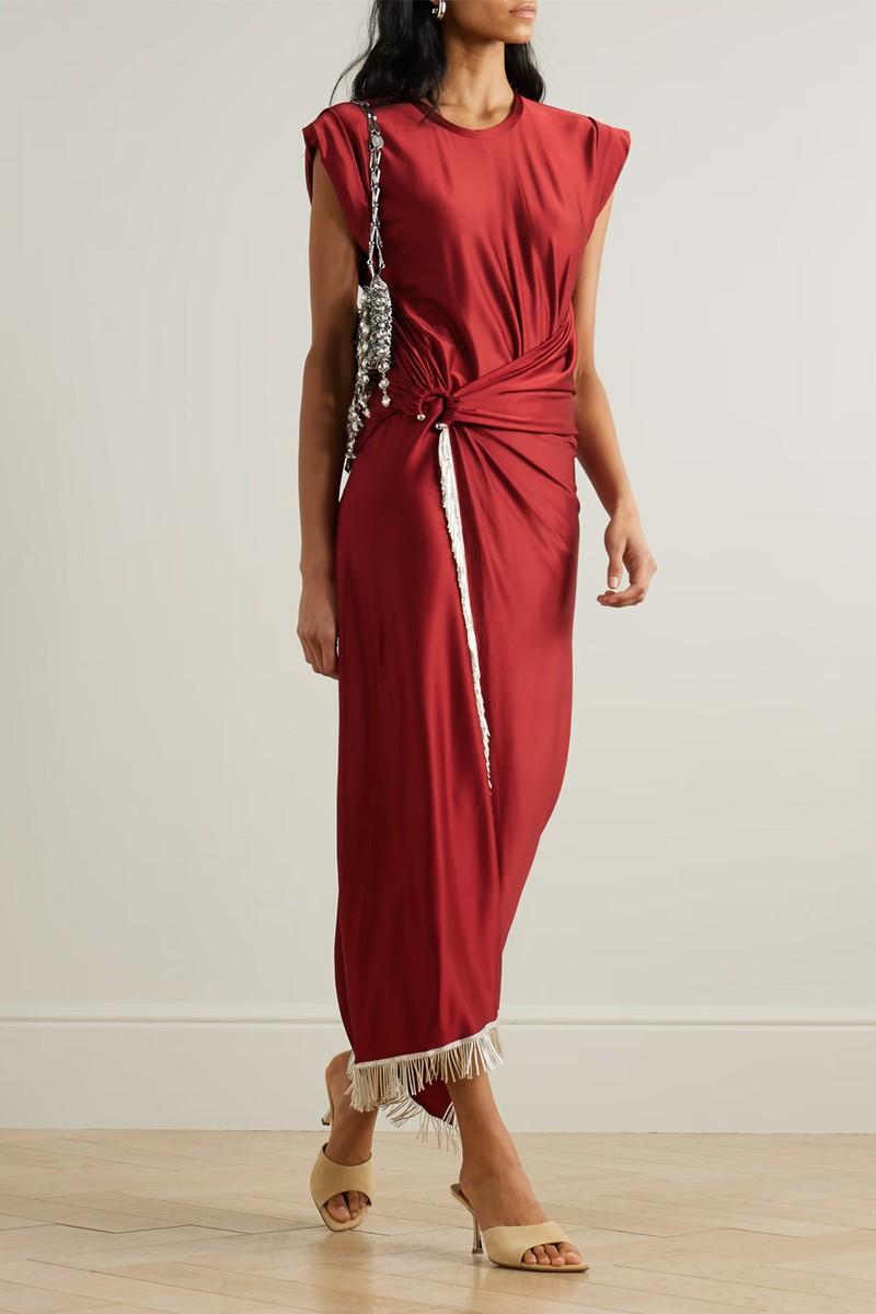 Asymmetric Fringed Draped Satin-Jersey Dress from Rabanne